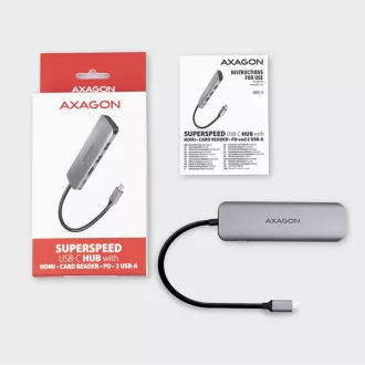 AXAGON HMC-5, USB 3.2 Gen 1 hub, porty 2x USB-A, HDMI, SD/microSD slot, PD 100W, kabel USB-C 20cm