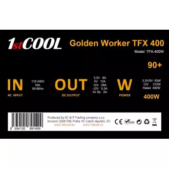 1stCOOL Zdroj Golden Worker TFX 400 88+, 400W, TFX, černá