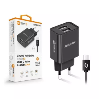 Aligator síťová nabíječka, 2x USB, smart IC, 2, 4 A, kabel USB-C 2A, černá