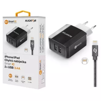 Chytrá síťová nabíječka ALIGATOR 3.4A, 2xUSB, smart IC, černá, kabel pro iPhone/iPad 2A Chytrá síťová nabíječka ALIGATOR 3.4A, 2xUSB, smart IC, černá, kabel pro iPhone/iPad 2A