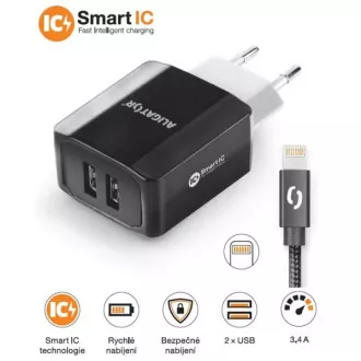 Chytrá síťová nabíječka ALIGATOR 3.4A, 2xUSB, smart IC, černá, kabel pro iPhone/iPad 2A Chytrá síťová nabíječka ALIGATOR 3.4A, 2xUSB, smart IC, černá, kabel pro iPhone/iPad 2A