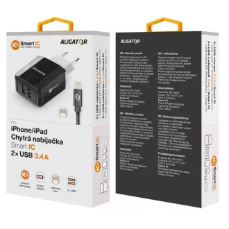 Chytrá síťová nabíječka ALIGATOR 3.4A, 2xUSB, smart IC, černá, kabel pro iPhone/iPad 2A Chytrá síťová nabíječka ALIGATOR 3.4A, 2xUSB, smart IC, černá, kabel pro iPhone/iPad 2A