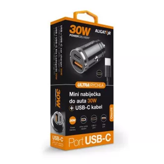 Aligator mini nabíječka do auta Power Delivery 30W, USB-C + USB-A, USB-C/USB-C kabel