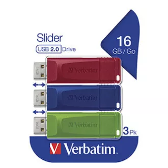 Verbatim USB flash disk, USB 2.0, 16GB, Slider, zelený, modrý, červený, 49326, USB A, s výsuvným konektorem, 3 ks Verbatim USB flash disk, USB 2.0, 16GB, Slider, zelený, modrý, červený, 49326, USB A, s výsuvným konektorem, 3 ks