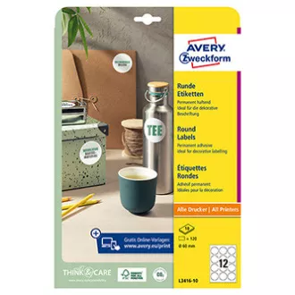 Avery Zweckform etikety 60mm, A4, bílé, 12 etiket, baleno po 10 ks, L3416-10, pro laserové a inkoustové tiskárny, kopírky